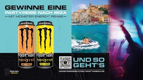 Monster Energy - eine dreitägige Reise für 2 Pers. nach Ibiza/Spanien zwischen dem 01.-30.09.2026, ÜN mind. im 3-Sterne-Hotel, Eintrittskarten für eine Monster-Rehab-Party, Abendessen im Café Mambo u. Jetski-Erfahrung