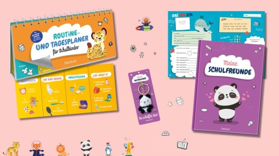 München mit Kind - 5 x ein Set je mit einem Routine- und Tagesplaner, einem Meine Schulfreunde-Buch Panda und einem Mutmacher Panda-Häkeltier aus dem Pattloch Verlag