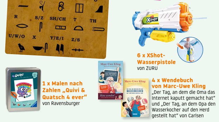 Sailer Verlag - 6 x 1 Wasserpistole "XShot" von ZURU | 4 x 1 Wendebuch "Der Tag, an dem ..." von Marc-Uwe Kling | 1 x Malen nach Zahlen "Quivi & Quatsch 4 ever" von Ravensburger