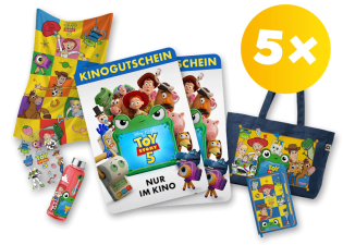 toggo - 1 von 5 Fanpaketen bestehend aus je 2 Kinogutscheinen, Notizbuch, Stickerbogen, Wasserflasche, Tasche und Strandtuch