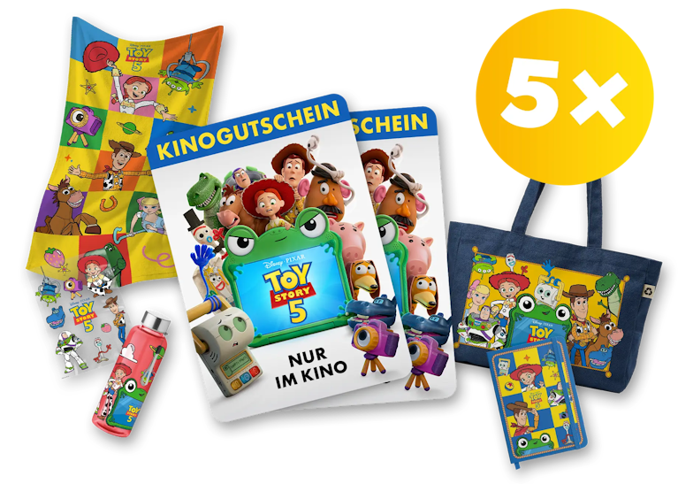 toggo - 1 von 5 Fanpaketen bestehend aus je 2 Kinogutscheinen, Notizbuch, Stickerbogen, Wasserflasche, Tasche und Strandtuch