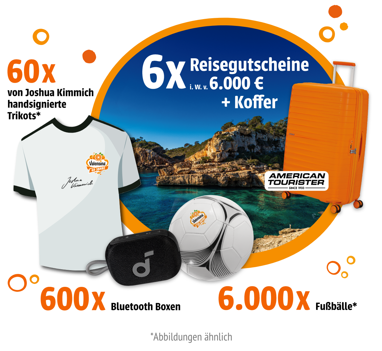 Valensina - 1x Reisegutschein in Höhe von 6000 € mit Koffer; 5x Reisegutschein in Höhe von 5000 € mit Koffer; 60 x von J. Kimmich signiertes Fußballtrikot; 600x Bluetooth Box „soundcore Select 4 Go“; 6.000x Valensina Fußball