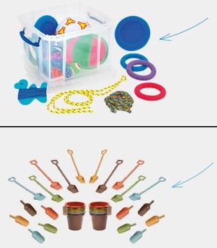 Betzold - Kita-/Schul-Pausenspiel-Box (Box mit farbigen Bällen, Seilen, Wurfringen etc.) oder Sandspiel-Set (jeweils 10 farbige Schaufeln, Spaten und Eimern)