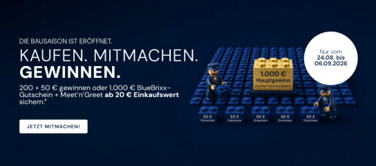 Bluebrixx -  1 x 1000 € BlueBrixx-Gutschein + Meet&Greet bei BlueBrixx in Rüsselsheim, 200 x 50 € BlueBrixx- Gutscheine