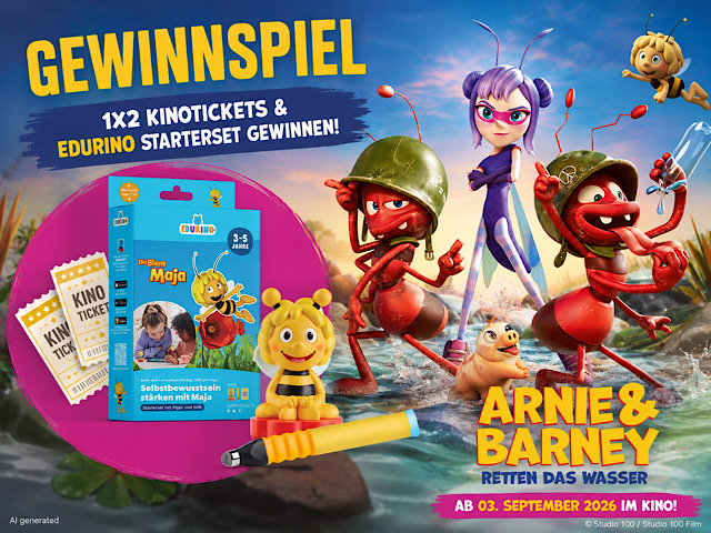 dietestfamilie - 1 x Gewinnpaket bestehend aus:  • 2 Kinotickets für ARNIE & BARNEY – RETTEN DAS WASSER • 1 x Die Biene Maja Starterset von EDURINO