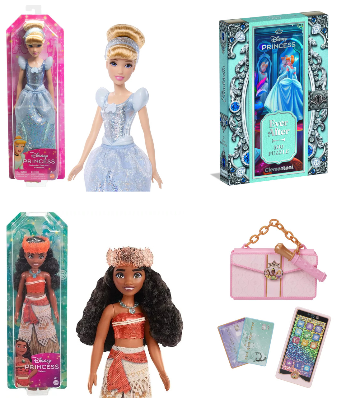 DISNEY CENTRAL - 2 DISNEY PRINZESSIN-PAKETE: Paket 1: Cinderella Modepuppe (Mattel) + Ever After Puzzle (Clementoni) | Paket 2: Vaiana Modepuppe (Mattel) + Style Collection Handyset (JAKKS Pacific)