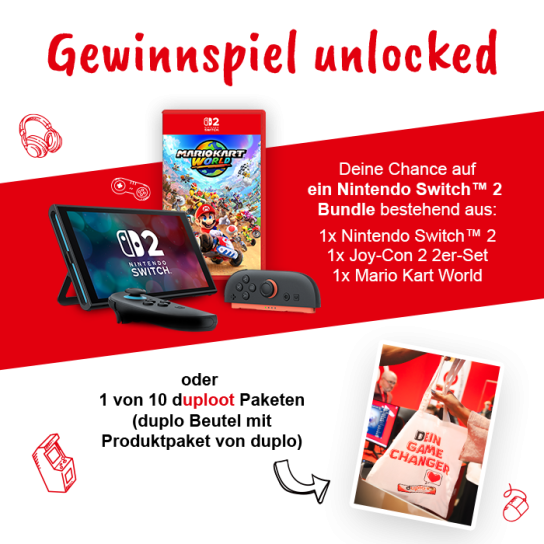 Ferrero - 1x NINTENDO Switch 2, 1x NINTENDO Joy-Con 2er Set, 1x Mario Kart World oder 1 von 10 duploot-Paketen