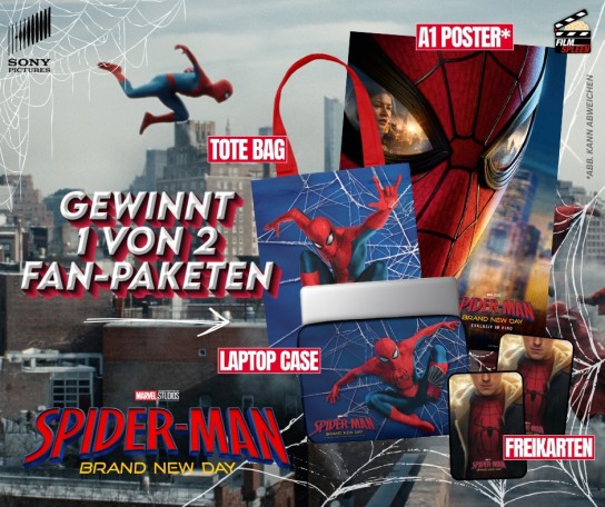 filmspleen - 1 von 2 Fan-Paketen zum Film SPIDER-MAN: BRAND NEW DAY bestehend aus 2 Freikarten*, A1 Poster, Laptop Case und Tote Bag. |