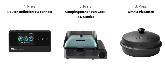 Frankana Freiko - 1. Preis: Router Reflexion 5G connect, 2. Preis: Campingkocher Van Cook FFD Combo, 3. Preis: Omnia Pizzaofen