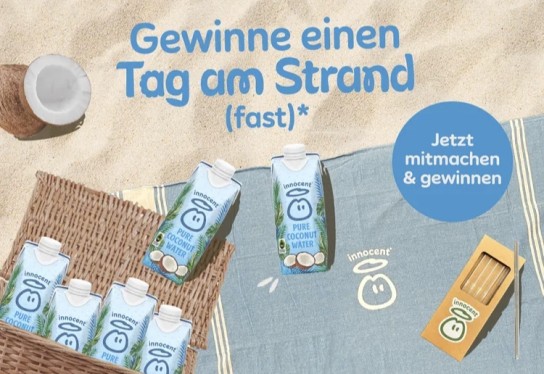 innocent - 10 innocent Strandpakete In den Pakete ist folgender Inhalt enthalten: 1 innocent Strandtuch, 1x 4 innocent Trinkhalme aus Glas, 6x 500ml innocent Kokosnusswasser