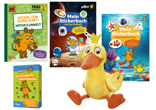 KidsLife - ein zauberhaftes „Die Maus“-Fan-Paket zum Schulstart: Stickerbuch „Faszination Meer“ „ Auf ins Weltall“ „Die Maus – das Suchspiel Eine kuschelige Maus-Ente