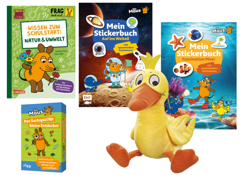 KidsLife - ein zauberhaftes „Die Maus“-Fan-Paket zum Schulstart: Stickerbuch „Faszination Meer“ „ Auf ins Weltall“ „Die Maus – das Suchspiel Eine kuschelige Maus-Ente
