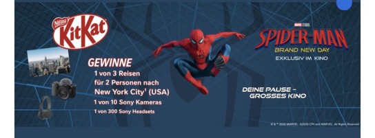 KitKat - 3x2 Reisen nach New York City inkl. Flüge ab Deutschland, 3 ÜN im 4-Sterne-Hotel u. Transfers, 10 Sony Kameras, 300 Sony Headsets