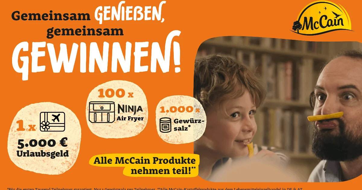 McCain - 1 x 5.000 €, 100 x Air Fryer Ninja Max 6-in-1 Dual Zone Modell DZ400Eu, 1.000 x Gewürzsalz für die ersten 1.000 Teilnehmer