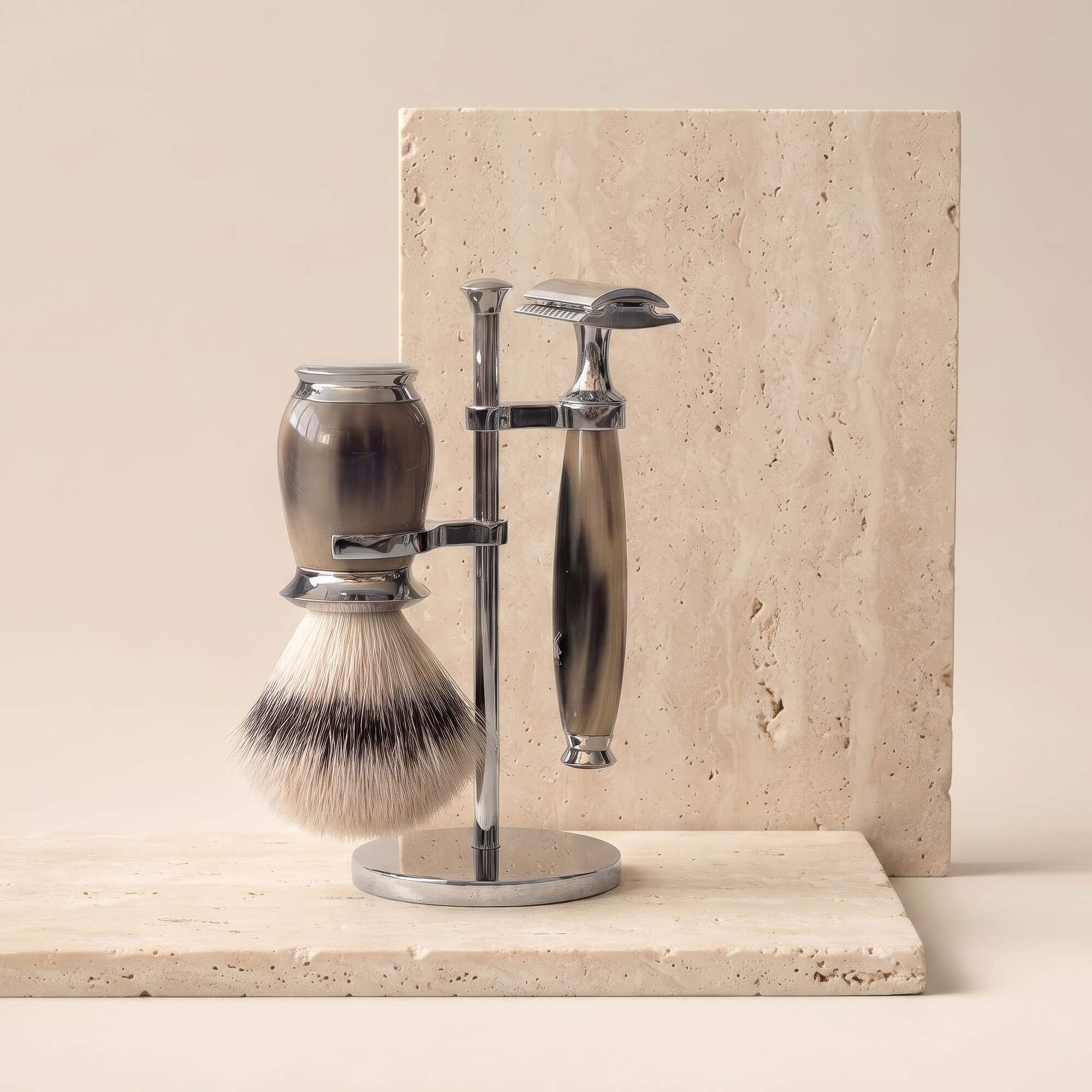 Mühle Shaving - einzigartiges Rasierset (Pinsel und Rasierer) der Designserie PURIST mit Griffen aus edlem, poliertem Büffelhorn. Es handelt sich um ein exklusives Einzelstück, das nicht käuflich erworben werden kann