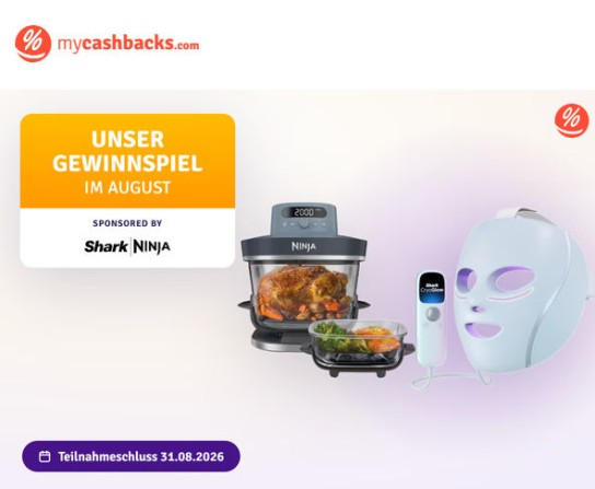 mycashbacks.com: Gewinne einen Ninja Crispi Pro oder eine Shark Cryo Glow LED-Gesichtsmaske