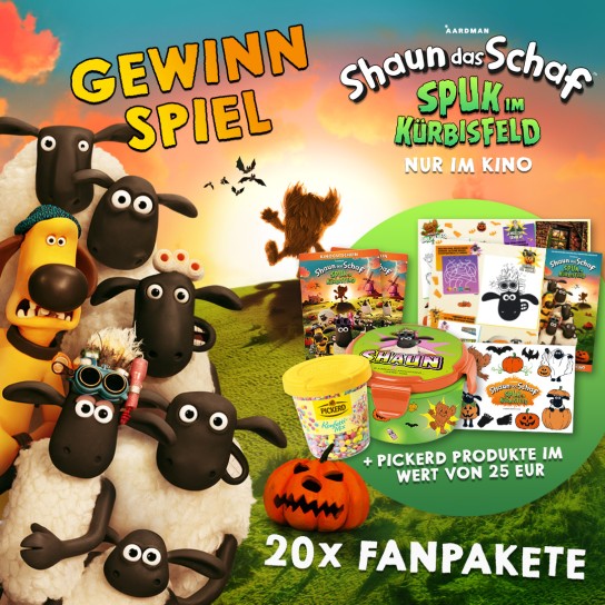 PICKERD - 20x Shaun das Schaf - Spuk im Kürbisfeld Fanpakete mit jeweils 2 Kinofreikarten, einer Obstdose, Activity Sheets, temporären Tattoos von Shaun und einem Filmposter. Zusätzlich enthält jedes Fanpaket viele tolle PICKERD-Artikel im Wert von 25 €
