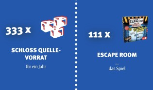 Schloss-Quelle - 111 x Escape Room – das Spiel für die ganze Familie von NORIS 333 x Schloss Quelle Vorrat für 1 Jahr – bestehend aus 12 Gutscheinen für 1 Kasten Schloss Quelle