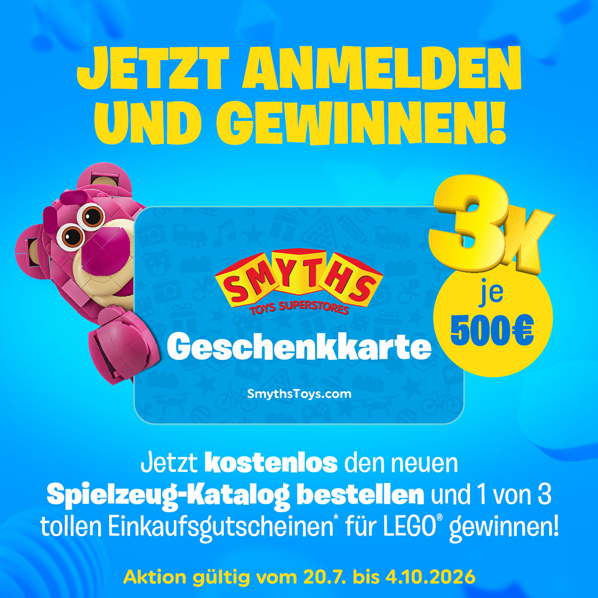 Smyths Toys - 3x je eine Smyths Toys Geschenkkarte im Wert von 500 €/CHF für für LEGO® und das gesamte Smyths Toys Sortiment
