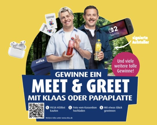 VILSA - ein Meet & Greet mit Klaas oder Papaplatte, einen signierten Pappaufsteller von Klaas und einen signierten Pappaufsteller von Papaplatte, 3 Nintendo Switch 2, Apple Gutscheine
