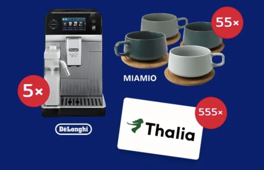 Bahlsen - 5 De‘Longhi Eletta Ultra Kaffeevollautomaten 55 MIAMIO Cappuccinotassen-Sets 555 Thalia Gutscheine im Wert von 15 €.