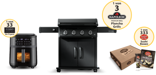 Bamboo Garden - 3 x Napoleon Rogue® PRO Phantom 30 Edelstahl Plancha (Gasgrill), UVP 899,00 € - 33x Caso Design AirFry & Steam 700, UVP 199,99 € - 333x Bamboo Garden Sushi Box, UVP 24,99 €