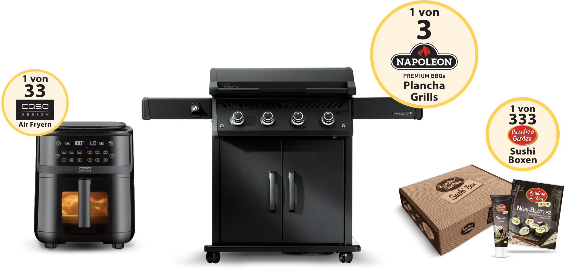 Bamboo Garden - 3 x Napoleon Rogue® PRO Phantom 30 Edelstahl Plancha (Gasgrill), UVP 899,00 € - 33x Caso Design AirFry & Steam 700, UVP 199,99 € - 333x Bamboo Garden Sushi Box, UVP 24,99 €