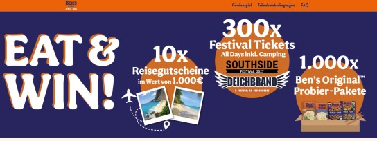 Ben's Original  - 10x1 Reisegutschein von 1.000 Euro, 300x1 Festival Tickets und 1000x1 Bens Original Paket (Produktkauf)