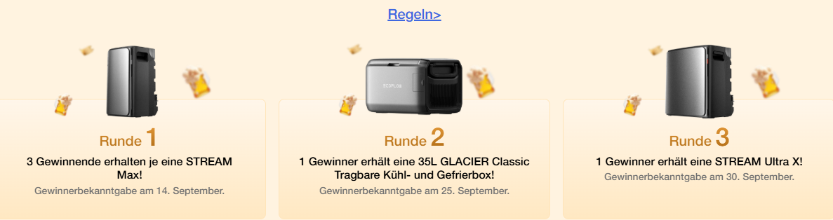ecoflow - 3x je ein STREAM Max Balkonkraftwerk (549€), 1x eine 35L GLACIER Classic Tragbare Kühl- und Gefrierbox (549€), 1x ein STREAM Ultra X Balkonkraftwerk (1000€)