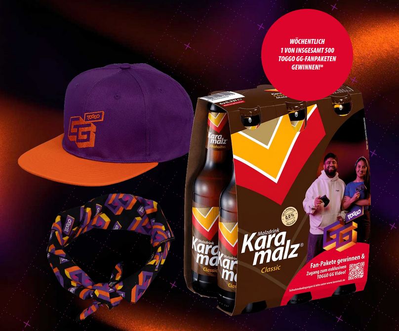 Karamalz - 500 x 1 Toggo-GG-Fanpaket (Karamalz Flaschensixpack, TOGGO GG Cap und TOGGO GG Bandana)