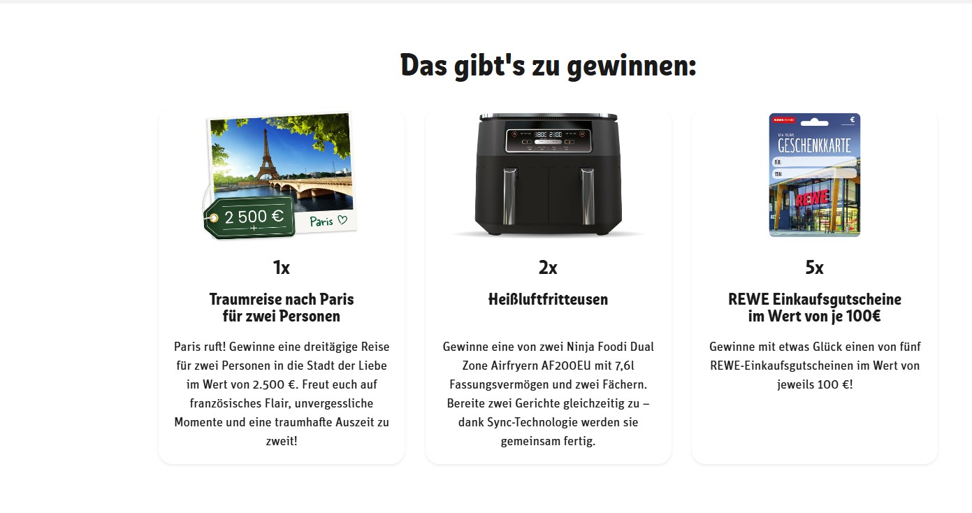 REWE - 1x1 Reise nach Paris für 2 Personen 2x1 Ninja Foodi Dual und 5x1 Rewe Einkaufsgutschein 100 Euro (Produktkauf)