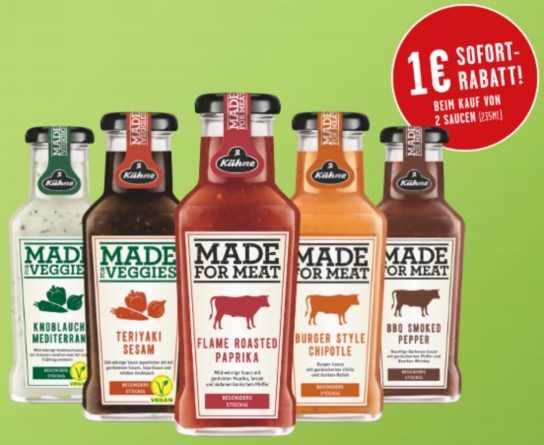 Kühne Made for Meat / Made for Veggies mit 1,00 € Sofortrabatt