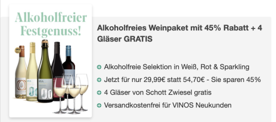 Vinos: Gratis Weingläser |Festwein alkoholfrei Paket
