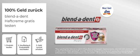 dm: blend-a-dent Plus Barriere gegen Speisereste gratis testen