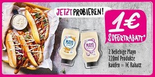 MAYO: 2 beliebigen Produkte kaufen, 1 € Cashback erhalten MAYO: 2 beliebigen Produkte kaufen, 1 € Cashback erhalten