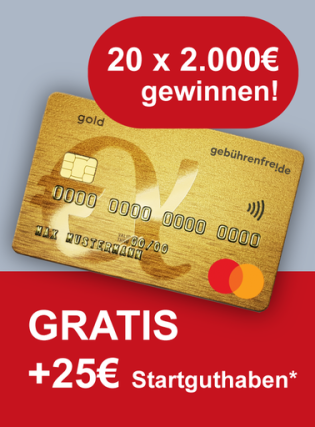 Gebührenfreie Mastercard Gold mit 25 € Startguthaben