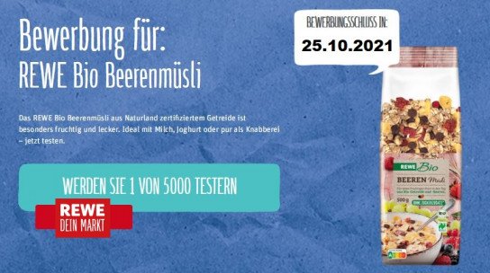 REWE: 5000 Produkttester für Bio Beerenmüsli gesucht REWE: 5000 Produkttester für Bio Beerenmüsli gesucht