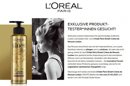 LOréal: Elnett Crème de Mousse Locken - 300 Tester gesucht LOréal: Elnett Crème de Mousse Locken - 300 Tester gesucht