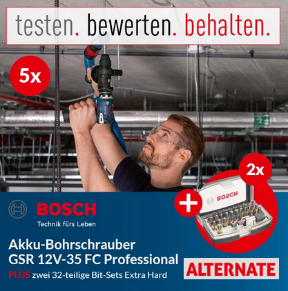 ALTERNATE: 5 Produkttester für den Bosch Akku-Bohrschrauber GSR 12V-35 FC Professional-Set gesucht
