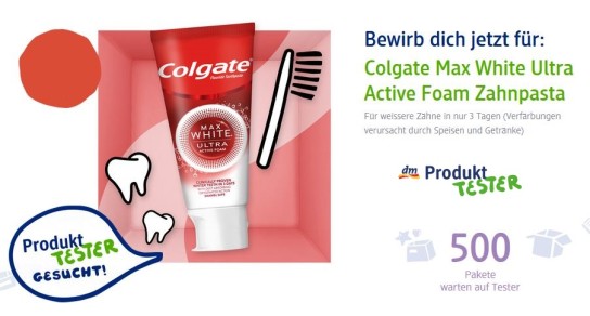 dm Drogerie: 500 Produkttester für Colgate Max White Ultra Active Foam Zahnpasta gesucht