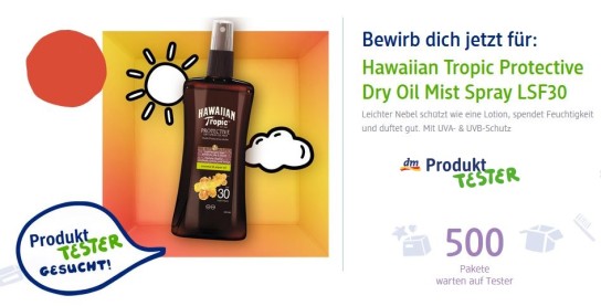 dm Drogerie: 500 Tester für das Hawaiian Tropic Protective Dry Oil Mist Spray LSF30 gesucht