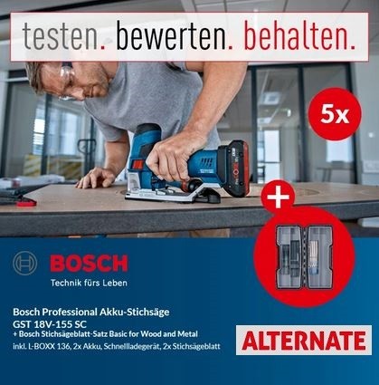 ALTERNATE: 5 Produkttester für die Bosch Akku-Stichsäge GST 18V-155 SC Professional inkl. Stichsägeblatt-Satz gesucht