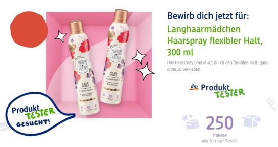 dm Drogerie: 250 Produkttester für Langhaarmädchen Haarspray flexibler Halt gesucht