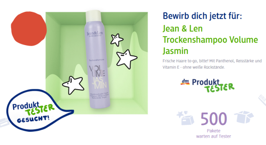 dm Drogerie: 500 Produkttester für das Jean & Len Trockenshampoo Volume Jasmin gesucht