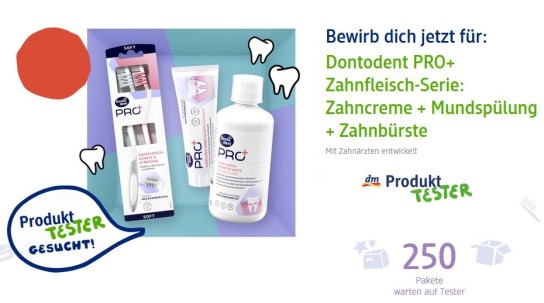 dm Drogerie: 250 Produkttester für die Dontodent PRO+ Zahnfleisch-Serie gesucht: Zahncreme + Mundspülung + Zahnbürste