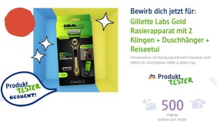 dm Drogerie: 500 Produkttester für Gillette Labs Gold Rasierapparat mit 2 Klingen + Duschhänger + Reiseetui gesucht