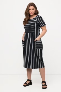 Midikleid, Streifenmix, Oversized, Rundhals, Halbarm