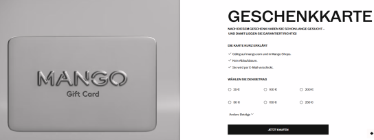 Mit der Mango Geschenkkarte verschenkst du Mode ganz nach individuellem Geschmack. Du kannst sie sowohl...