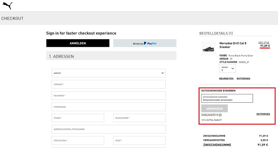 gutscheincode für puma online shop